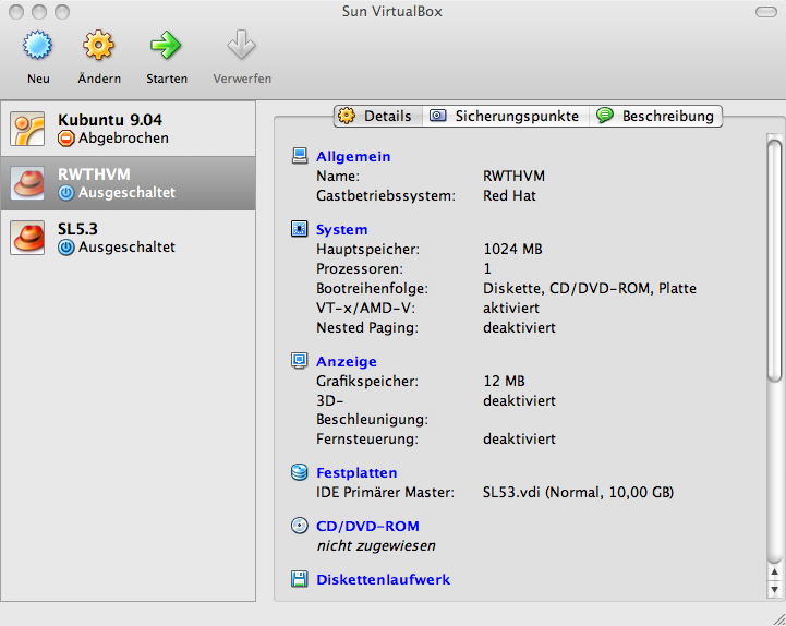 Startbildschirm nach anlegen der VM